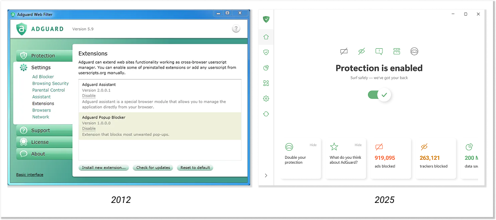 당시와 현재의 Windows용 AdGuard